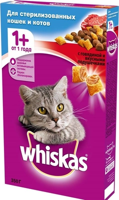 Корм для кошек WHISKAS подушечки для стерилизованных кошек и котов с говядиной 350 г