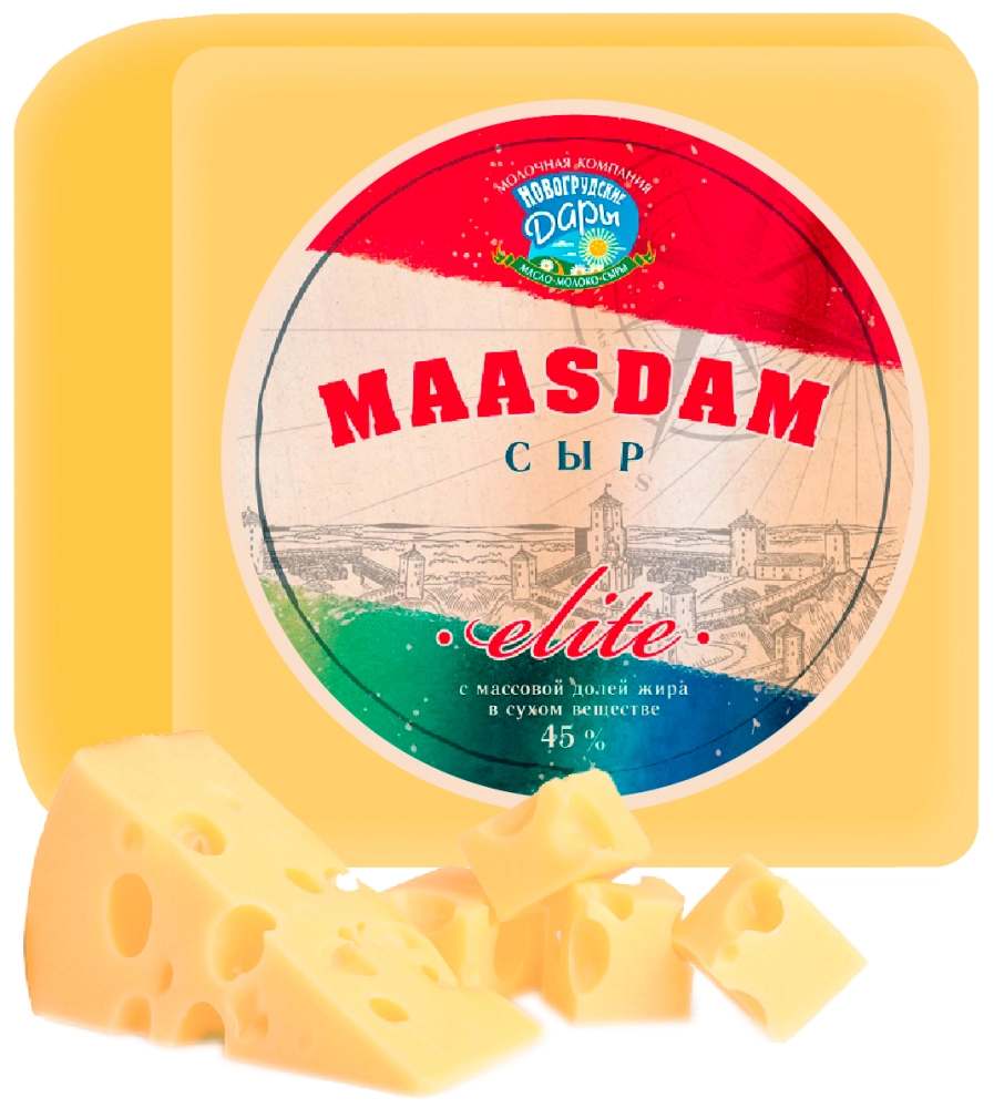 Сыр НОВОГРУДСКИЕ ДАРЫ "Maasdam Elite" полутвердый 1 кг 45%