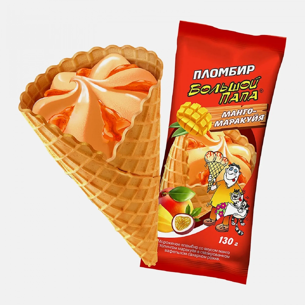 Мороженое БОЛЬШОЙ ПАПА "Пломбир" со вкусом манго с топингом маракуйя 130 г 12%