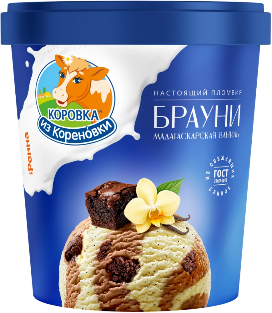 Мороженое КОРОВКА ИЗ КОРЕНОВКИ "Брауни" пломбир ванильный и шоколадный со вкусом печенье-крем и крошкой брауни 70 г, 15%