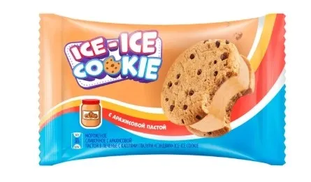 Мороженое ICE-ICE COOKIE "Cэндвич" сливочное с арахисовой пастой в печенье с каплями глазури 65 г 8%
