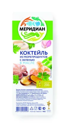Коктейль из морепродуктов МЕРИДИАН с зеленью в масле 200 г Коктейль из морепродуктов МЕРИДИАН с зеленью в масле 200 г