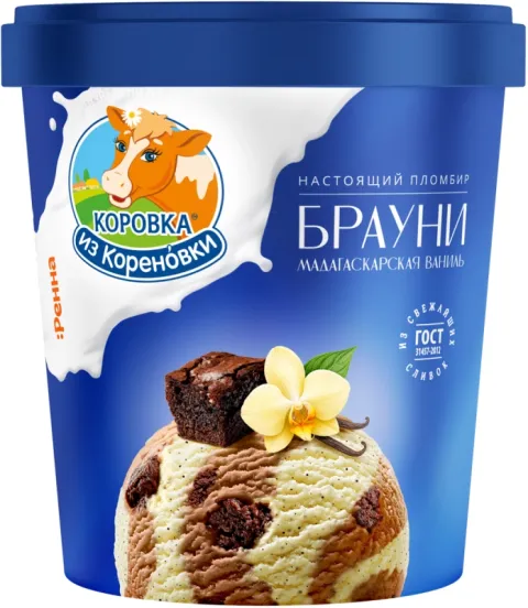 Мороженое КОРОВКА ИЗ КОРЕНОВКИ "Брауни" пломбир ванильный и шоколадный со вкусом печенье-крем и крошкой брауни 70 г 15%