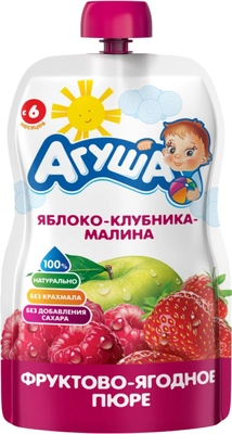 Агуша Пюре яблоко-клубника-малина с 6 месяцев упаковка 90 г