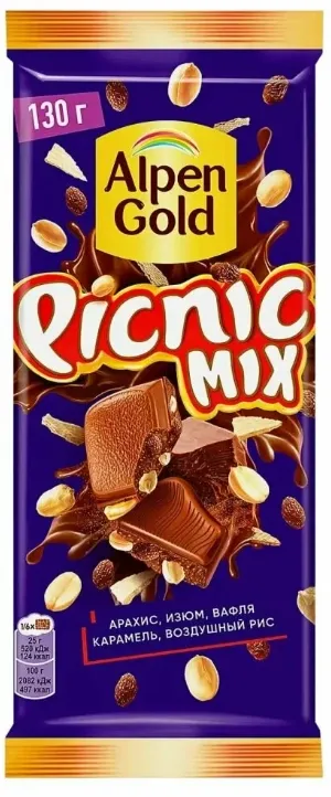 Шоколад ALPEN GOLD "Picnic MIX" молочный c арахисом и изюмом 130 г