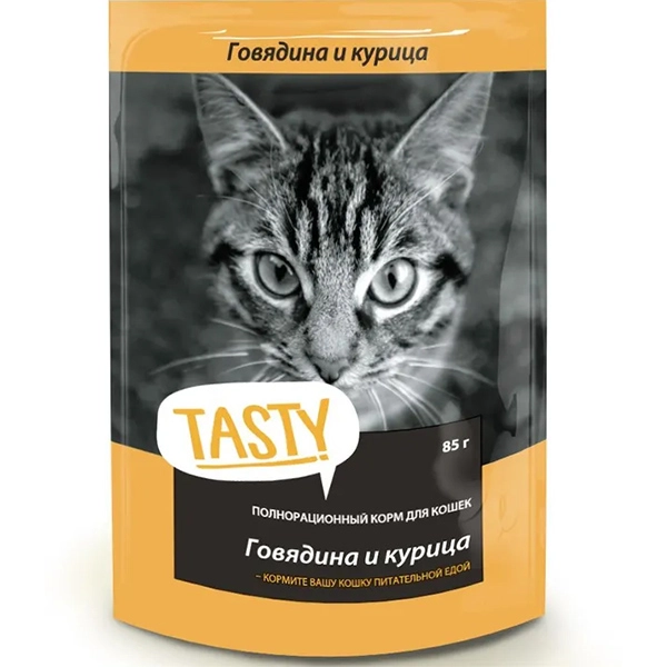 Корм консервированный для кошек TASTY с говядиной и курицей в желе 85 г, пауч
