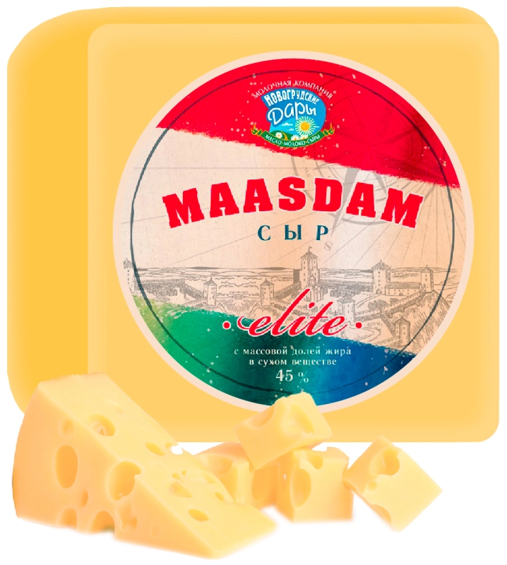 Сыр НОВОГРУДСКИЕ ДАРЫ "Maasdam Elite" полутвердый 1 кг 45 %
