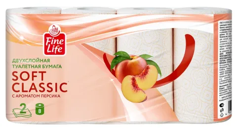 Бумага туалетная FINE LIFE "Soft Classic" двуслойная белая с ароматом персика 8 шт
