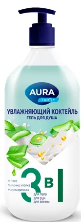 Гель для душа AURA "Увлажняющий коктейль"  3 в 1 1 л