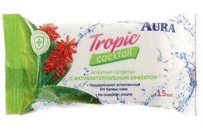 Салфетки влажные AURA Tropic coctail с антибактериальным эффектом упаковка 15 шт