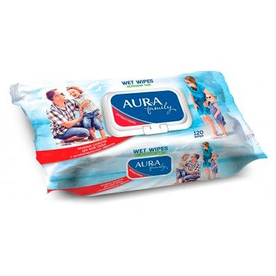 Салфетки влажные для всей семьи AURA Family c антибактериальным эффектом уп.120 /с крышкой/