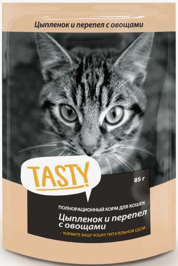 Корм консервированный для кошек TASTY с цыпленком, перепелом и овощами в желе 85 г, пауч