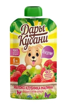 Пюре фруктовое ДАРЫ КУБАНИ из яблок, клубники и малины 90 г