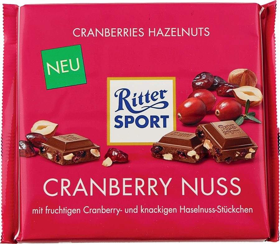 Шоколад RITTER SPORT с кусочками клюквы и орехом 100 г