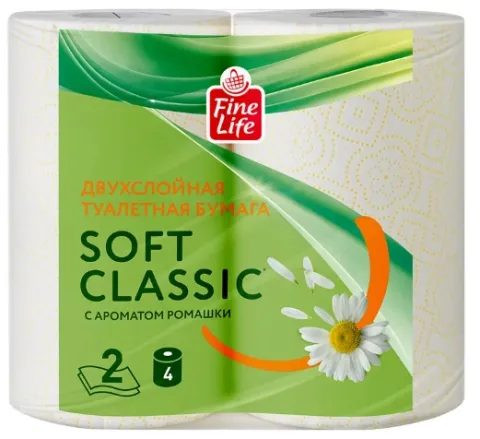Бумага туалетная FINE LIFE "Soft Classic" двуслойная с ароматом ромашки белая 4 шт