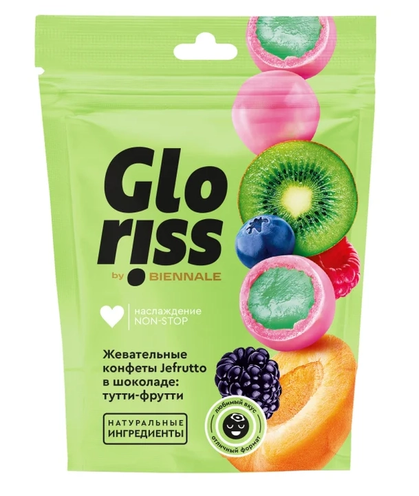 Жевательные конфеты BIENNALE "Gloriss Jefrutto" в шоколаде со вкусом тутти-фрутти 75 г