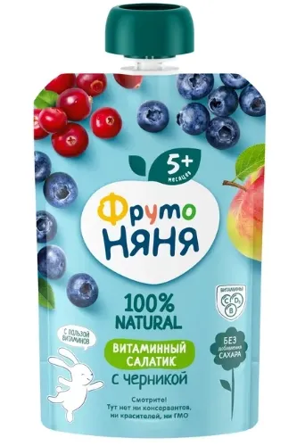 ФрутоНяня Пюре "Витаминный салатик" из яблок, черники, клюквы и брусники уп. 90 г