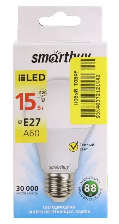 Лампа светодиодная SMARTBUY A60 15Вт 220V 3000K E27 (тёплый свет)