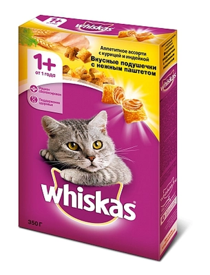 Корм для кошек WHISKAS подушечки с нежным паштетом "Аппетитное ассорти с курицей и индейкой" 350 г