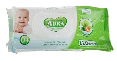 Салфетки влажные детские AURA Ultra Comfort с экстрактом алоэ и витамином E, с крышкой, 120 шт