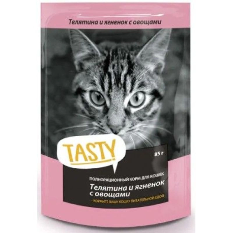 Корм консервированный для кошек TASTY с телятиной, ягненком и овощами в желе 85 г, пауч