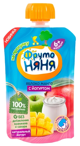 ФрутоНяня Пюре яблоко, манго с йогуртом 6+ месяцев дой-пак с дозатором 90 г