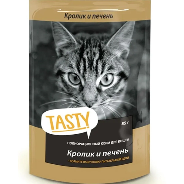 Корм консервированный для кошек TASTY с кроликом и печенью в желе 85 г, пауч