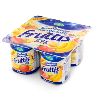 Йогуртный продукт FRUTTIS "Сливочное лакомство" дыня-манго/банан-клубника 115 г 5%
