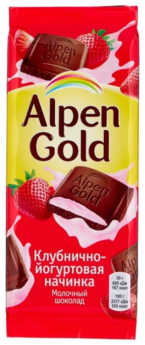 Шоколад ALPEN GOLD молочный с клубнично-йогуртовой начинкой 90 г