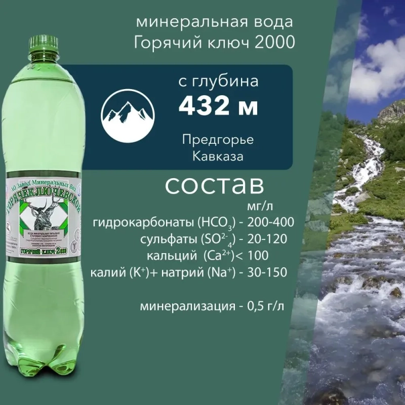 Вода минеральная ГОРЯЧИЙ КЛЮЧ 2000 "Горячеключевская" столовая газированная 1.5 л зеленая