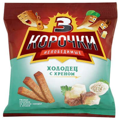 Сухарики ТРИ КОРОЧКИ ржано-пшеничные холодец с хреном 100 г Сухарики ТРИ КОРОЧКИ ржано-пшеничные холодец с хреном 100 г