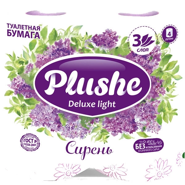 Бумага туалетная PLUSHE "Deluxe Light" сирень трехслойная 4 шт.