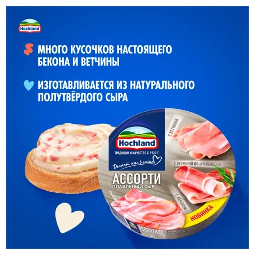 Сыр HOCHLAND "Ассорти мясное" плавленый (с ветчиной, с ветчиной по-итальянски) 140 г 50%