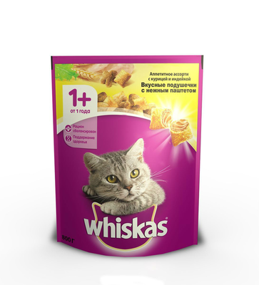 WHISKAS подушечки с нежным паштетом WHISKAS подушечки с нежным паштетом "Аппетитное ассорти с курицей и индейкой" 800 г