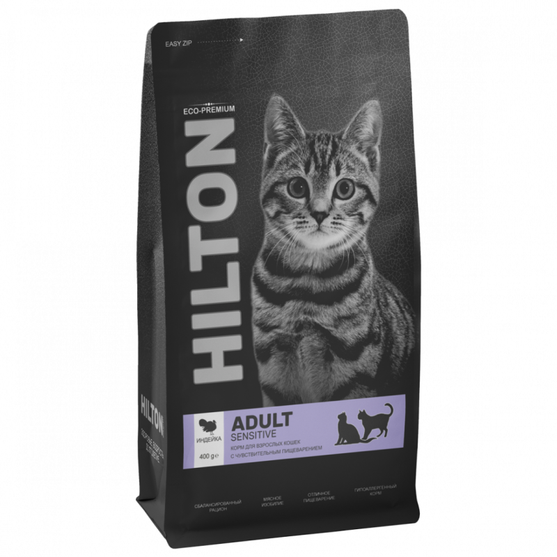 Hilton Сухой полнорационный корм Hilton для взрослых кошек с чувствительным пищеварением с индейкой 400гр
