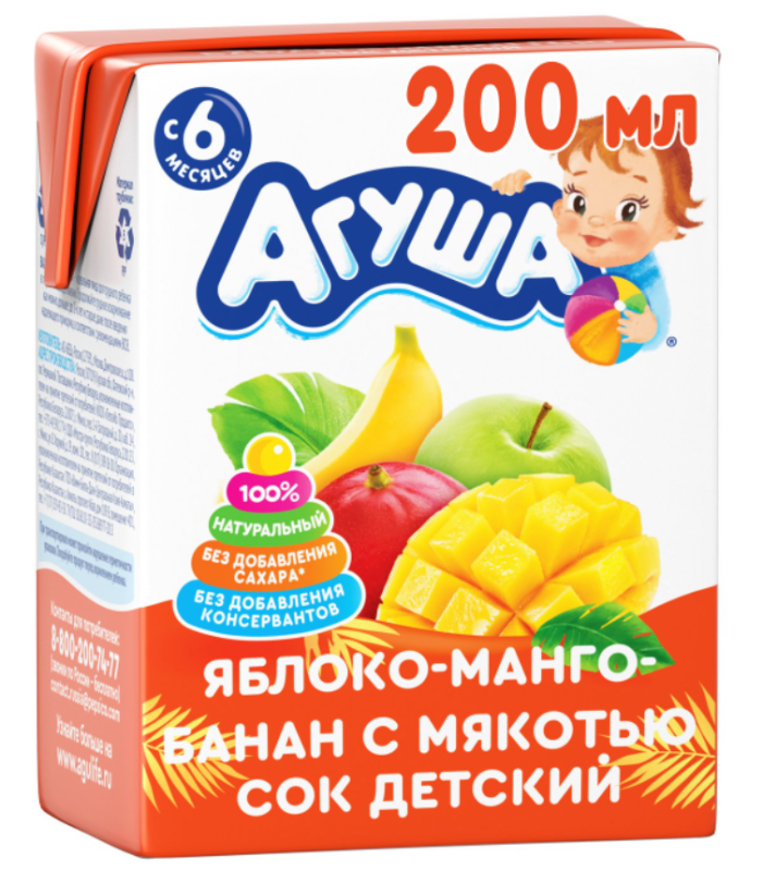 Сок АГУША яблоко-манго-банан с мякотью 0.2 л Сок АГУША яблоко-манго-банан с мякотью 0.2 л