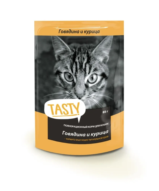 Tasty Tasty корм конс. д/кош. с говядиной и курицей в желе, пауч, 85 г