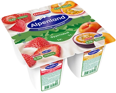 Йогуртный продукт ALPENLAND "Легкий" клубника/персик-маракуйя 95 г 0,3%
